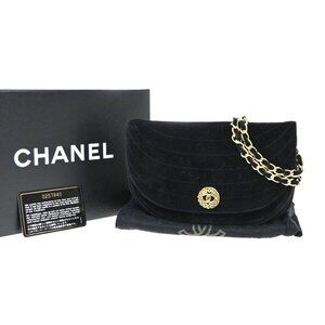 CHANEL CC Half Moon Chain Shoulder Bag Velvet Leather Black Vintage 617RP054